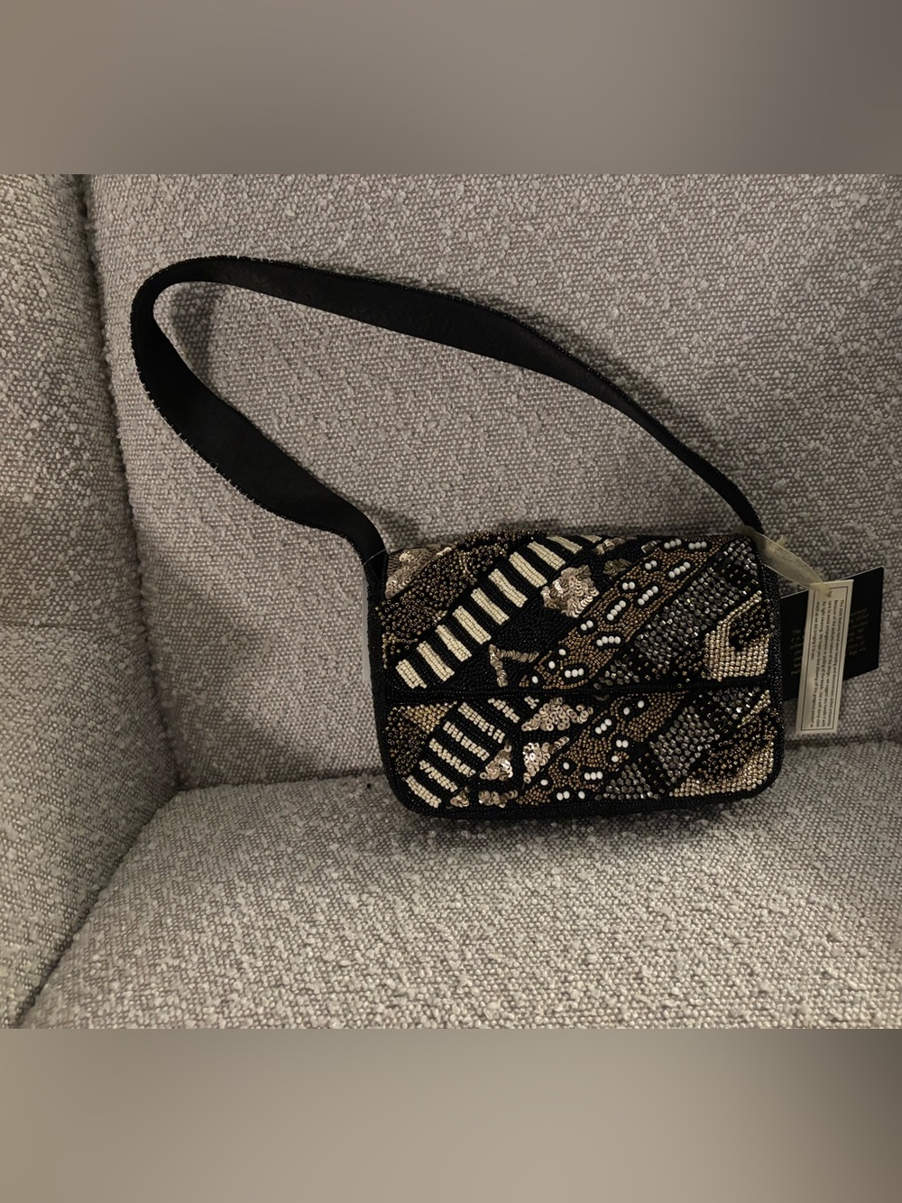 Beaded Black and Gold Patterned Shoulder Bag